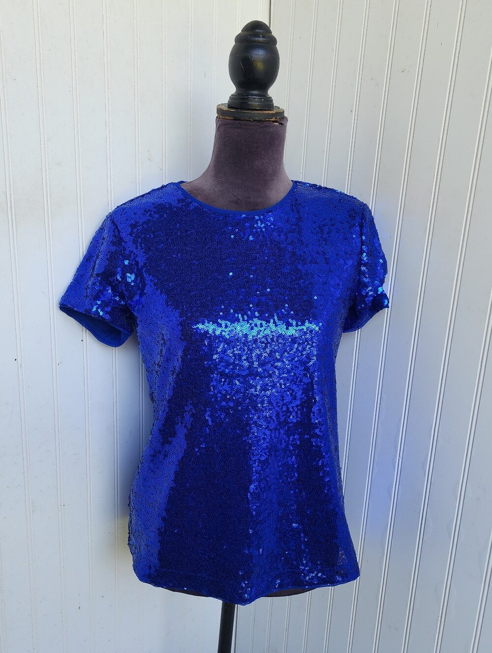 Charter Club Royal Blue Sequined Short Sleeve Shirt Women's Lined Keyhole Sz S